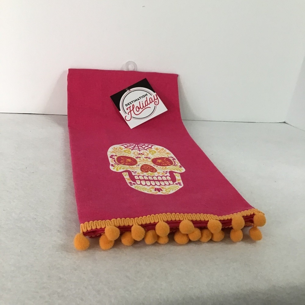 Day of Dead Kitchen Towel Sugar Skull Hot Pink Destination Holiday Marigold - Picture 6 of 12